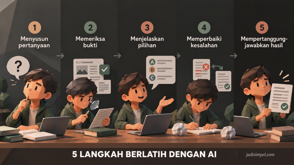 Infografik 5 langkah berlatih dengan AI: 1. Menyusun pertanyaan, 2. Memeriksa bukti, 3. Menjelaskan pilihan, 4. Memperbaiki kesalahan, 5. Mempertanggungjawabkan hasil