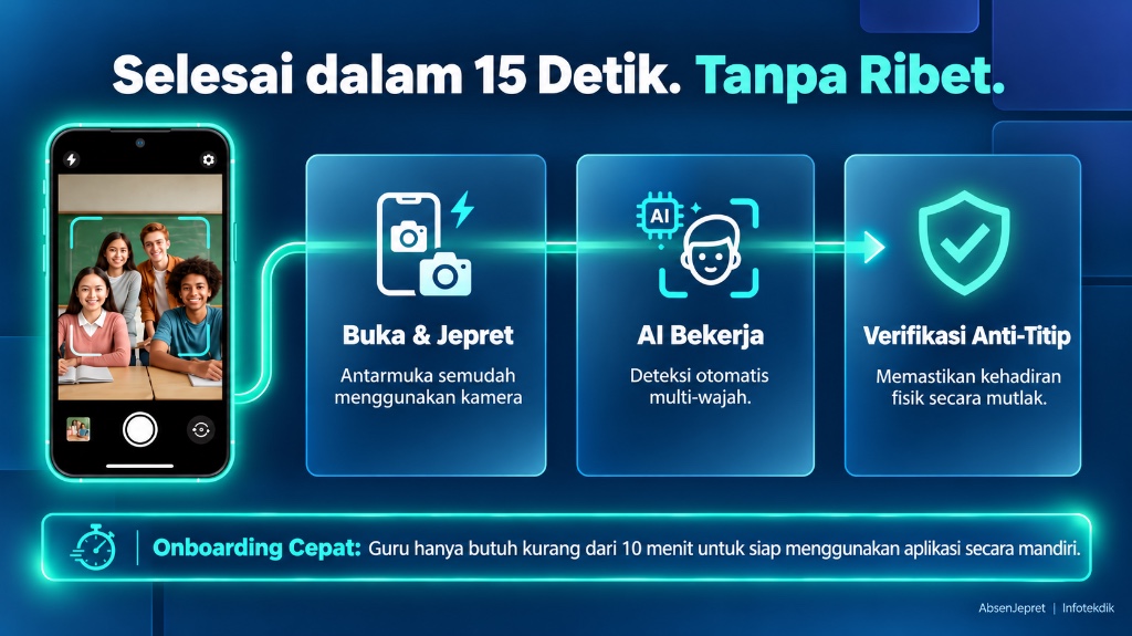Alur kerja Absen Jepret: Buka & Jepret kamera, deteksi otomatis AI multi-wajah, dan verifikasi anti-titip