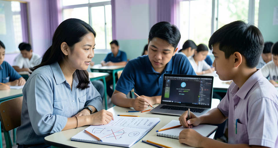 Guru mendengarkan siswa menjelaskan draf dan catatan belajarnya, dengan laptop terbuka di meja
