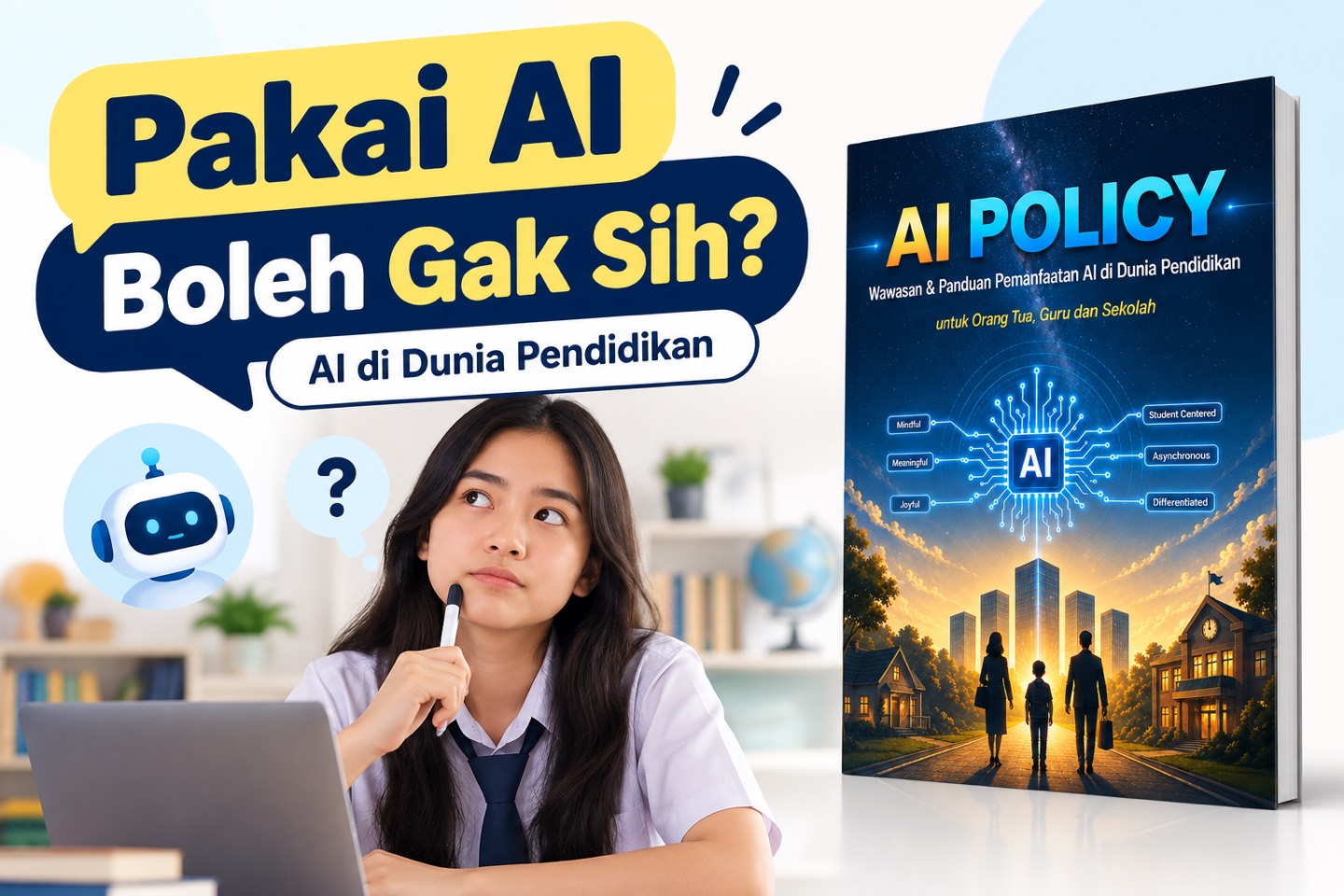 Seorang siswi berseragam termenung di depan laptop dengan gelembung pertanyaan “Pakai AI boleh gak sih?”, di sampingnya buku AI Policy