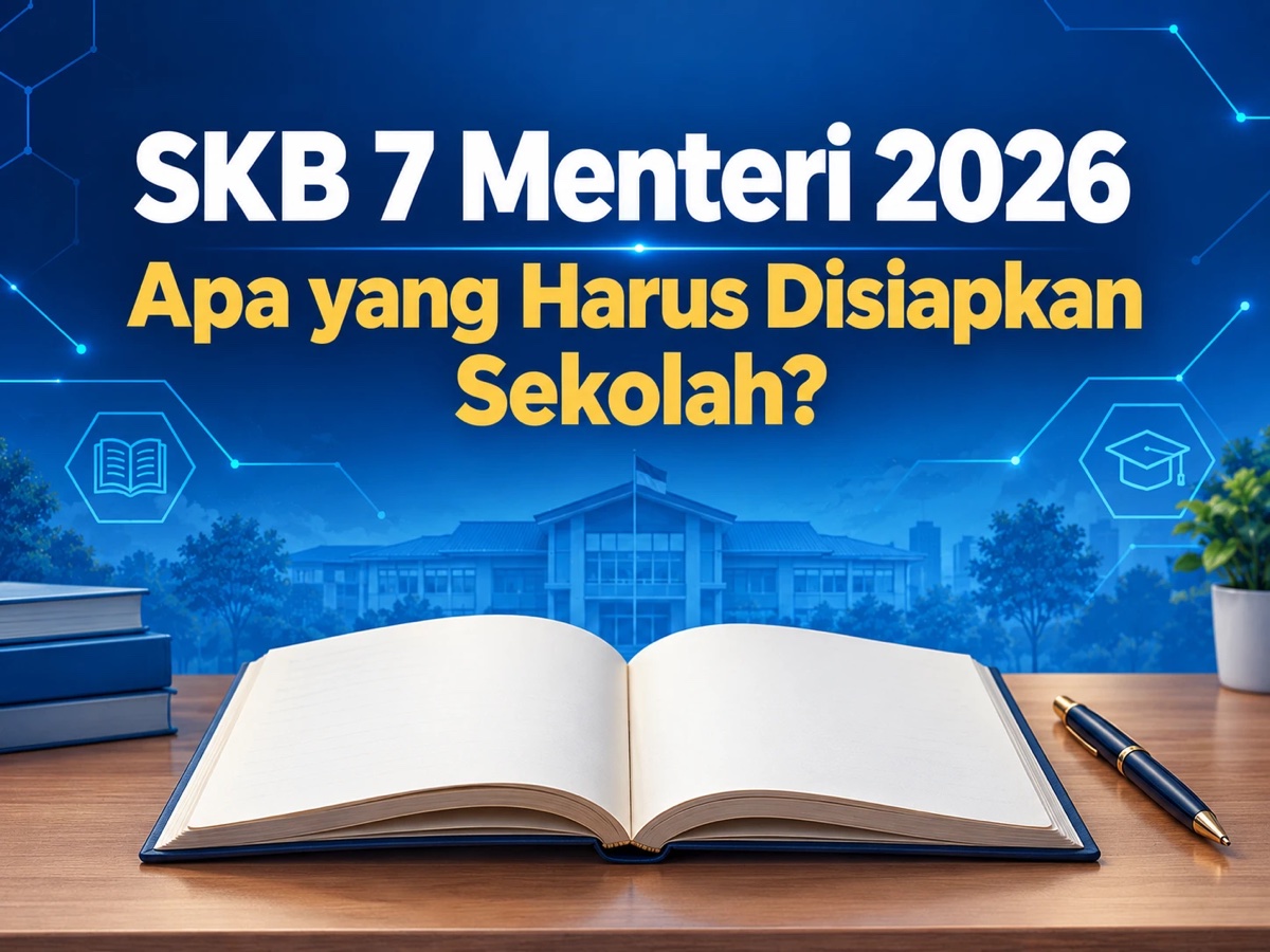 SKB 7 Menteri 2026: Apa yang Harus Disiapkan Sekolah? Ilustrasi buku terbuka di meja dengan latar gedung sekolah.