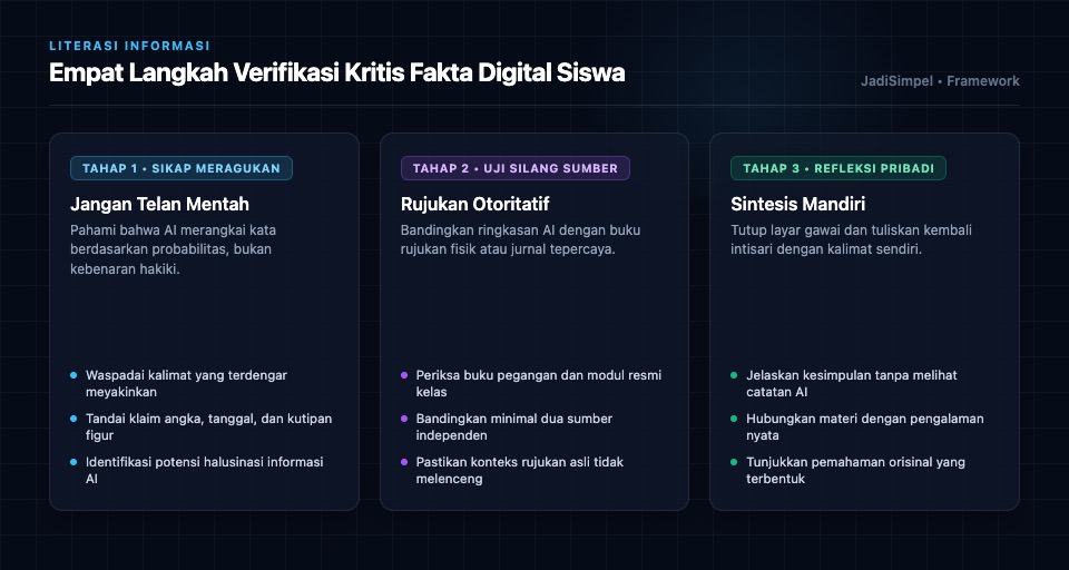 Infografis tiga tahap memeriksa jawaban AI: jangan telan mentah, rujuk sumber tepercaya, lalu simpulkan sendiri.