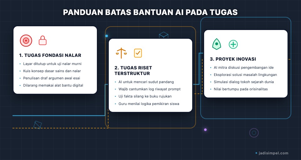 Infografis panduan batas bantuan AI pada tugas dalam tiga tingkatan.